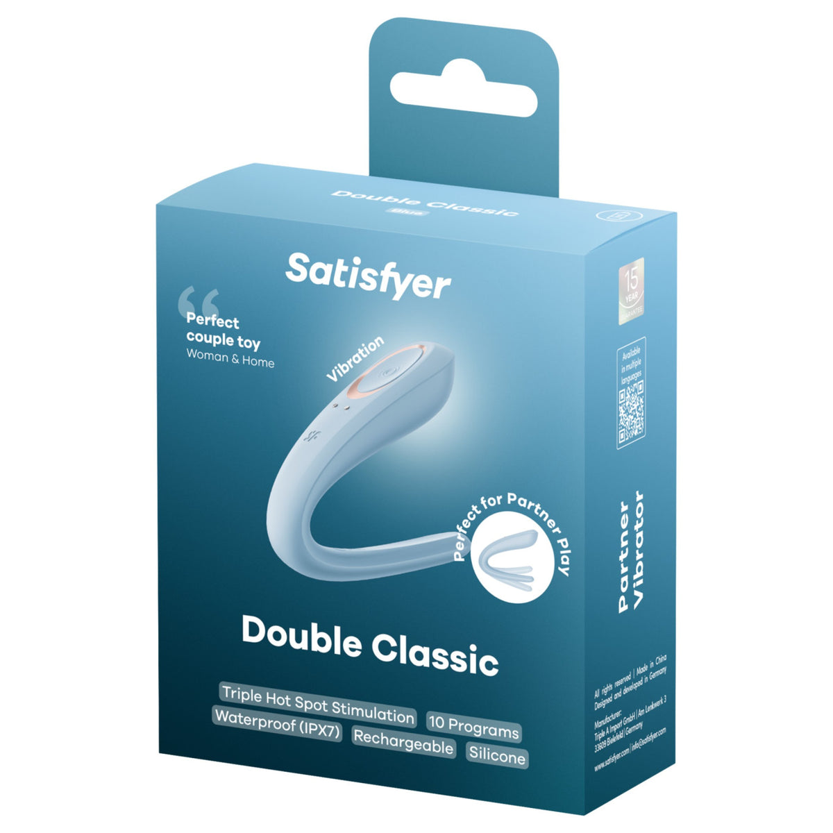 Vibrator pentru cuplu Satisfyer Double Classic, albastru — imagine de catalog 2